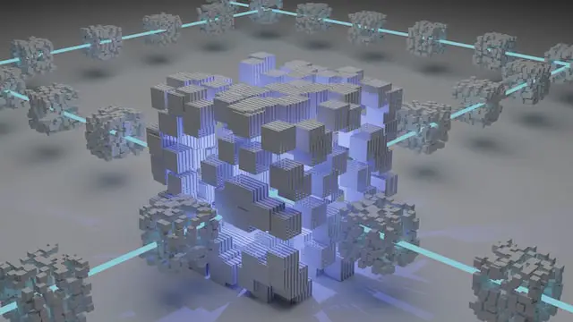  An image of a futuristic cubic network that presents decentralized finance systems.